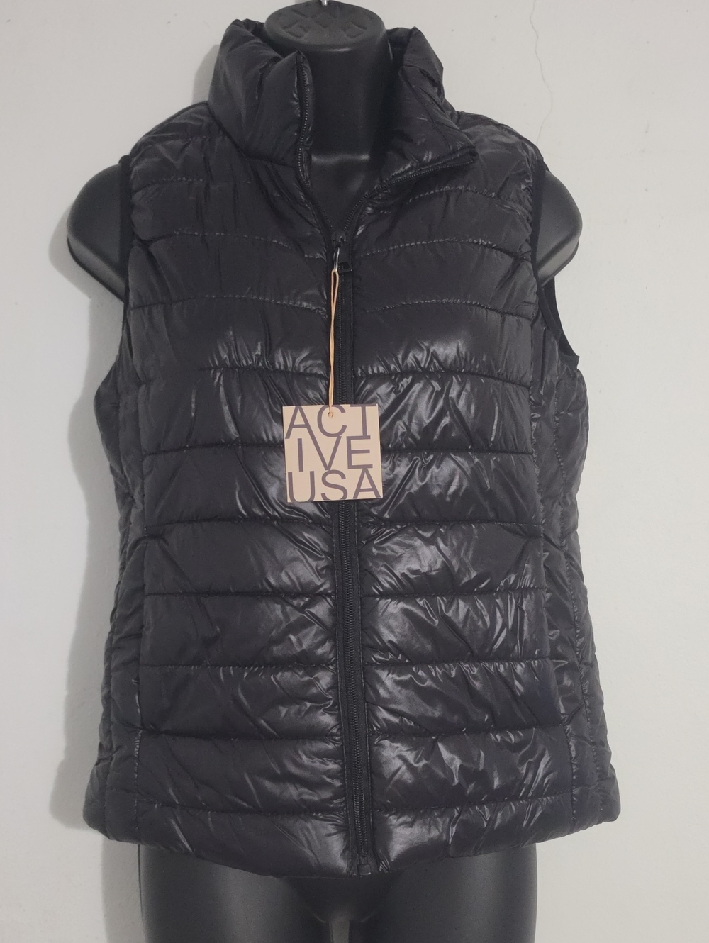Active USA Shiny Black Quilted Puffer Vest